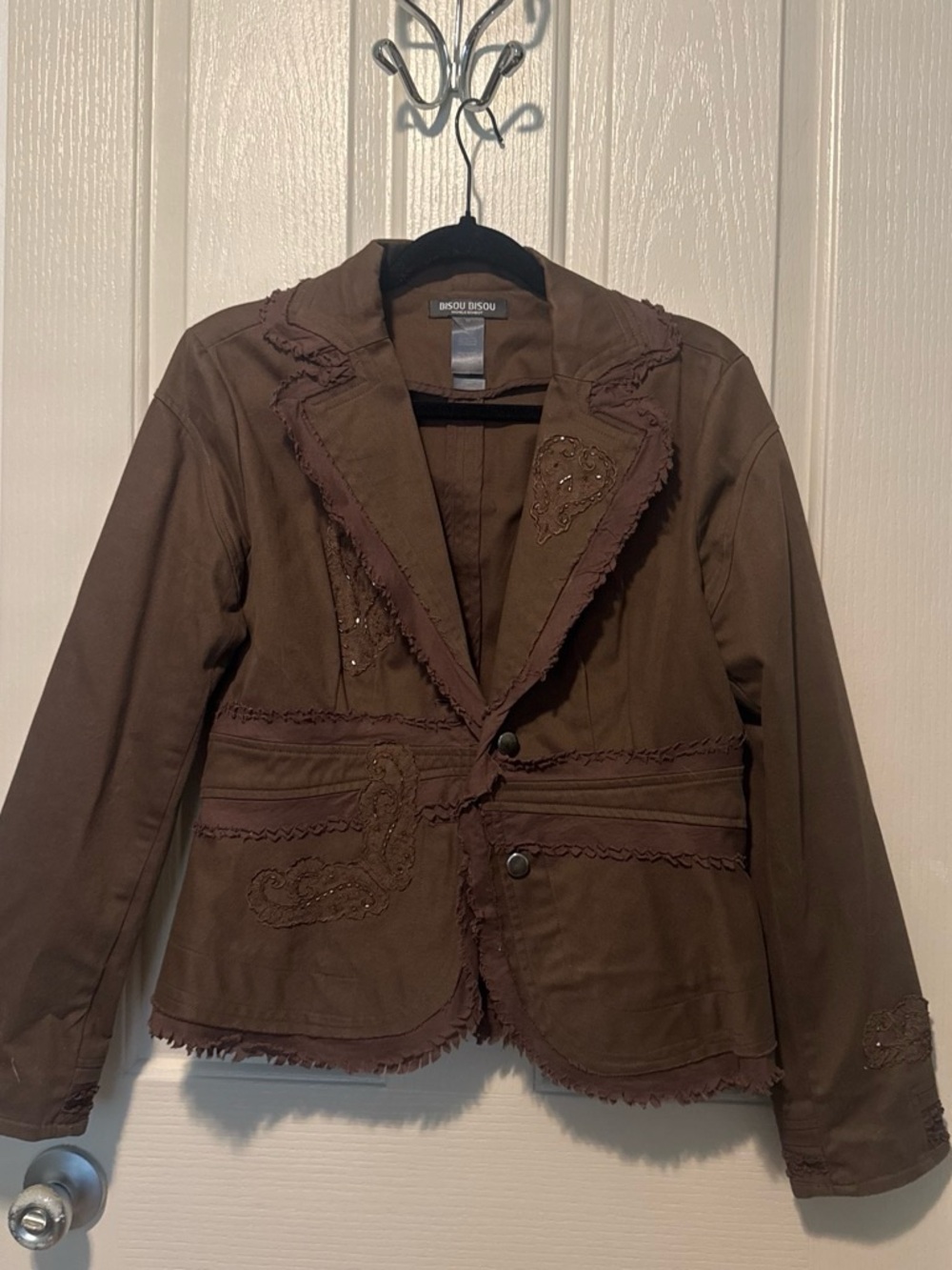 Bisou Bisou Brown Frayed-Trim Embellished Blazer